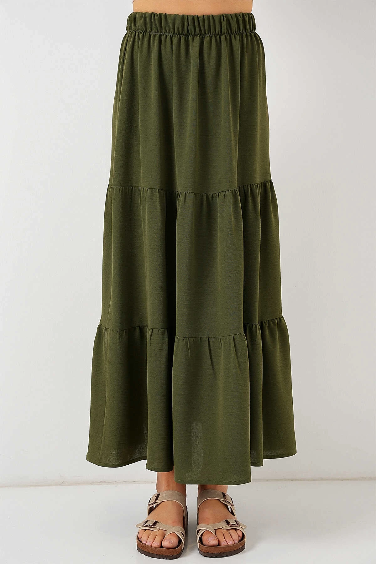 Kadın Haki Beli Lastikli Ayrobin Uzun Etek HZL25S-BD180481