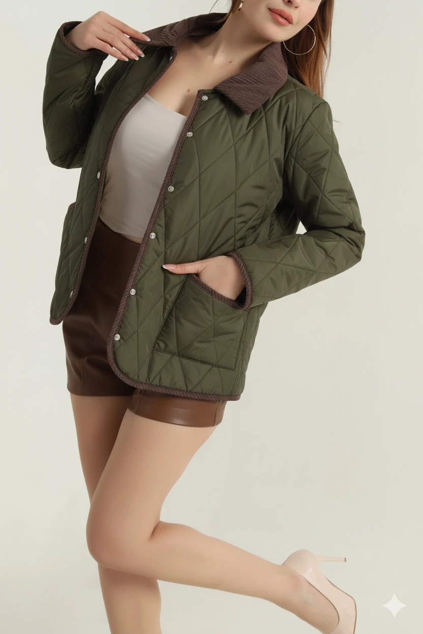 Kadın Haki Çıt Çıt Kapamalı Kadife Detaylı Kapitone Mont HZL25W-BD152261