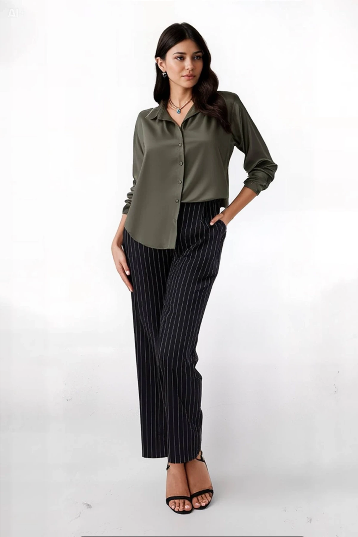 Kadın Haki Hafif Dökümlü Saten Yüzeyli Gömlek Hzl22w-bd139641