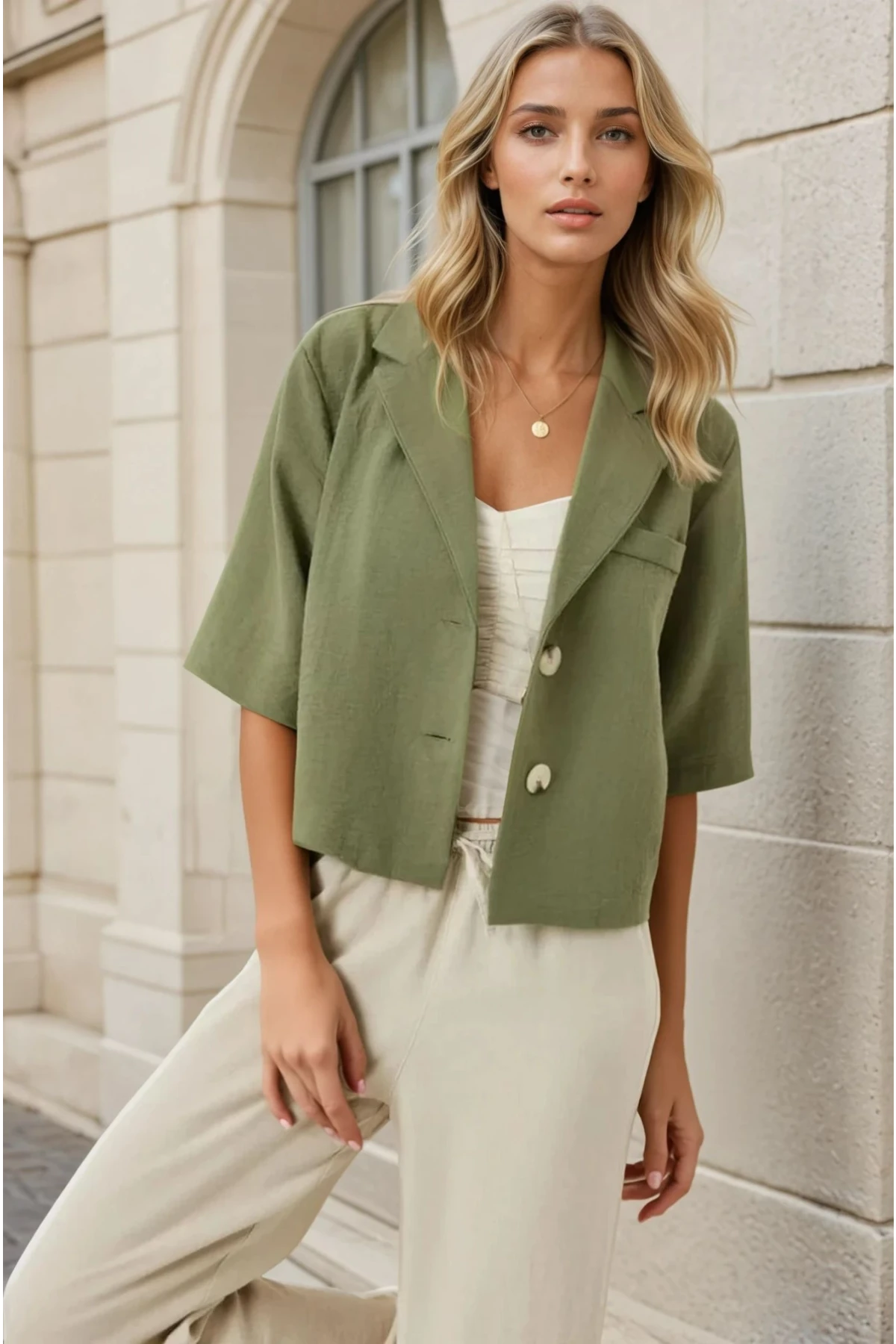Kadın Haki Kısa Kollu Şal Yaka Düğmeli Mevsimlik Keten Ayrobin Ceket HZL24S-BD107061