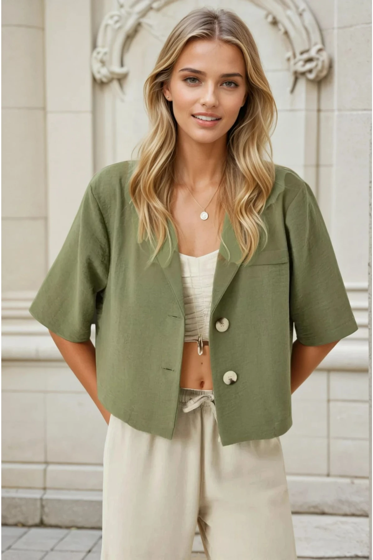 Kadın Haki Kısa Kollu Şal Yaka Düğmeli Mevsimlik Keten Ayrobin Ceket HZL24S-BD107061