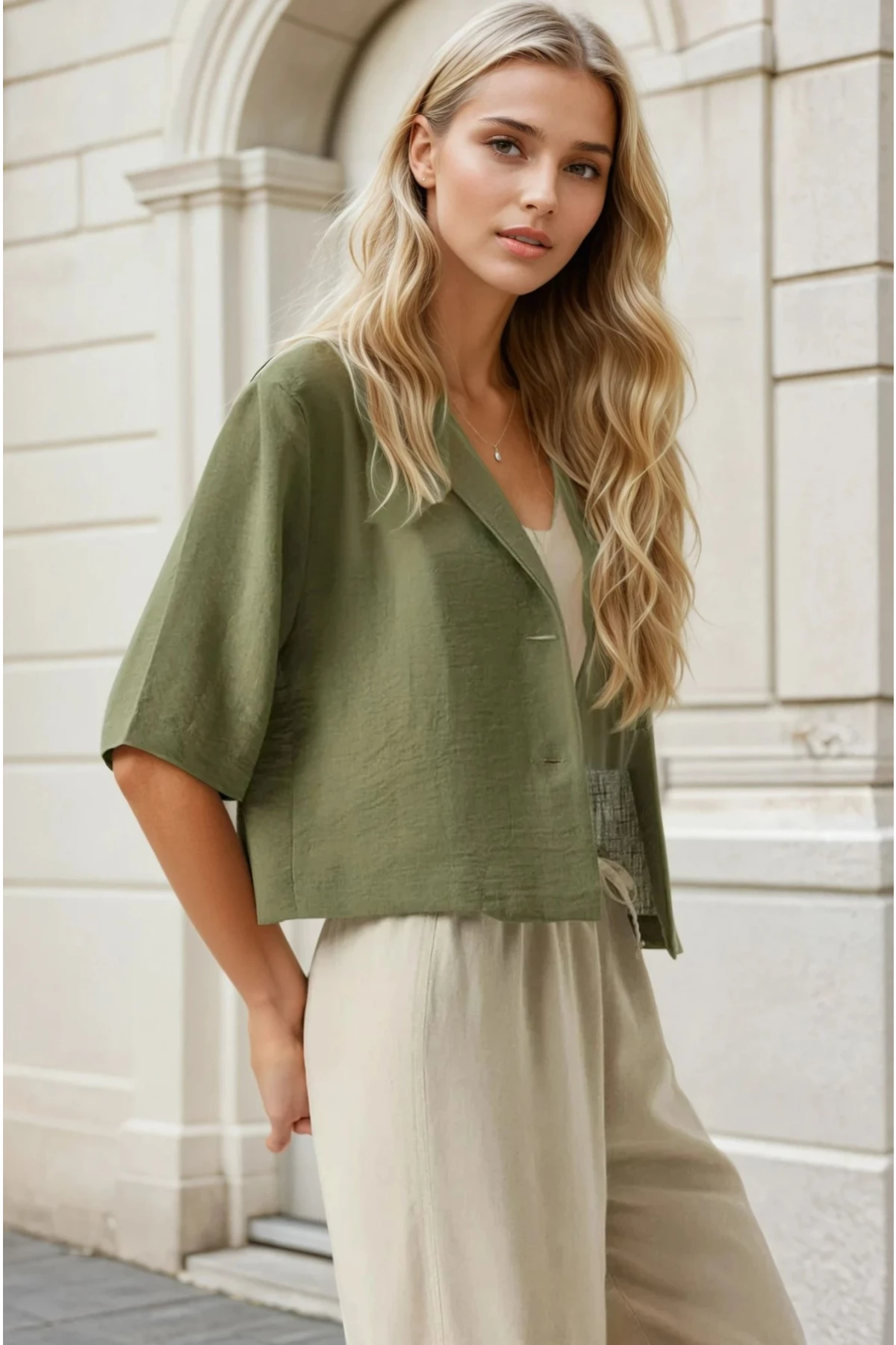 Kadın Haki Kısa Kollu Şal Yaka Düğmeli Mevsimlik Keten Ayrobin Ceket HZL24S-BD107061
