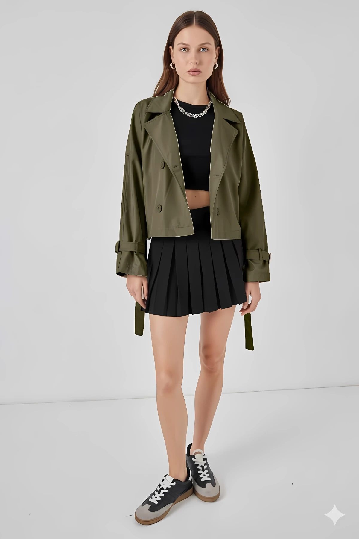 Kadın Haki Kruvaze Yaka Kuşaklı Astarlı Kısa Trençkot HZL25W-BD159701