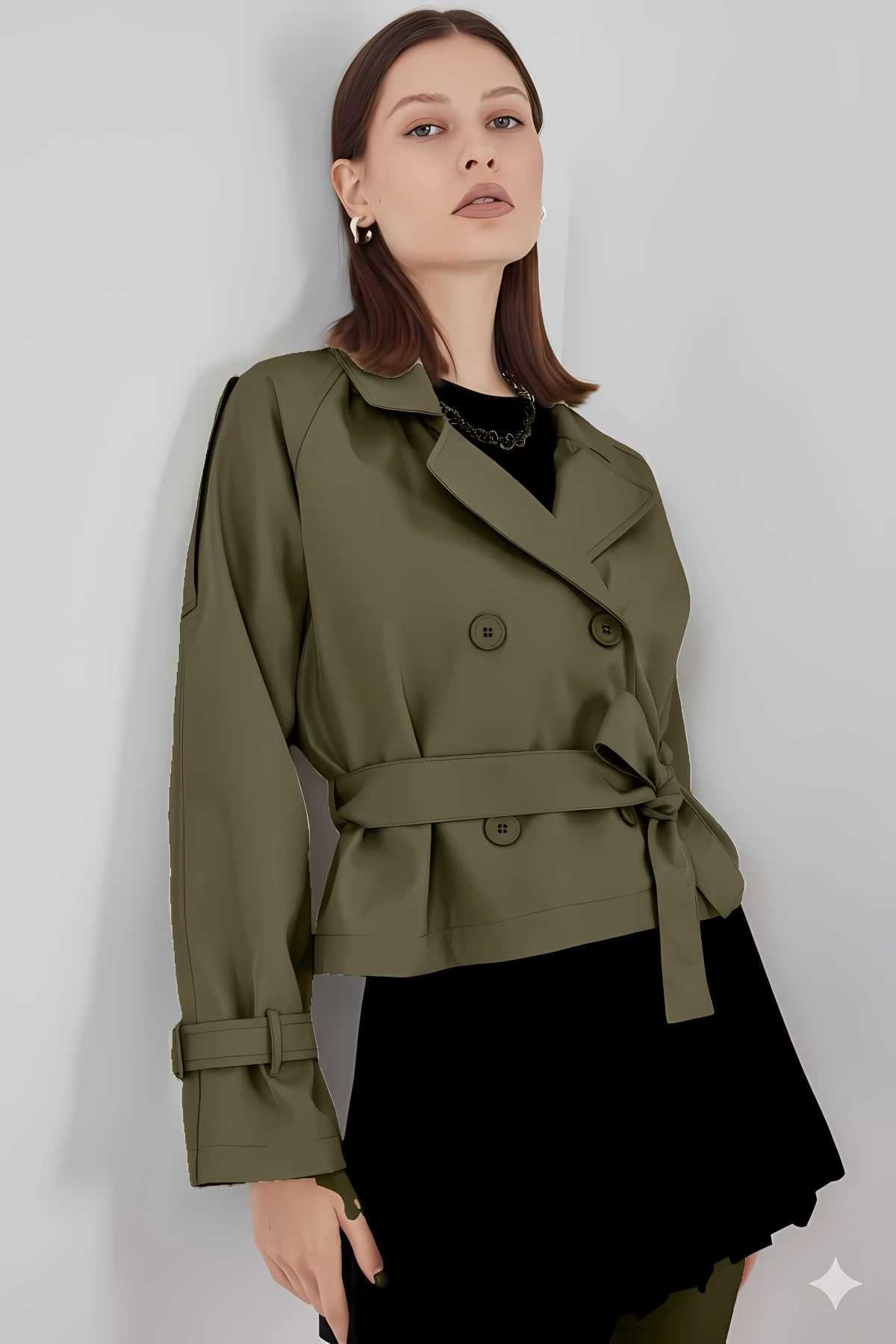 Kadın Haki Kruvaze Yaka Kuşaklı Astarlı Kısa Trençkot HZL25W-BD159701