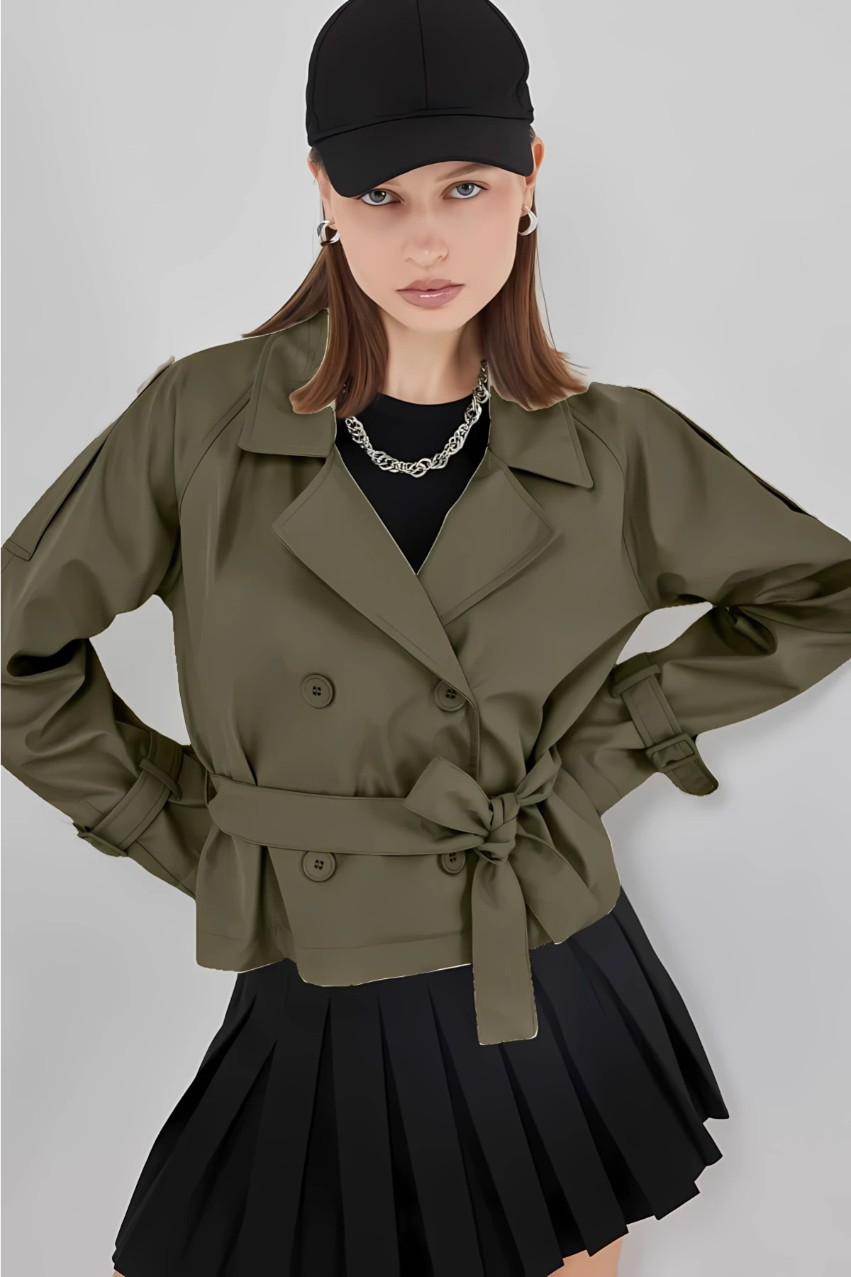 Kadın Haki Kruvaze Yaka Kuşaklı Astarlı Kısa Trençkot HZL25W-BD159701