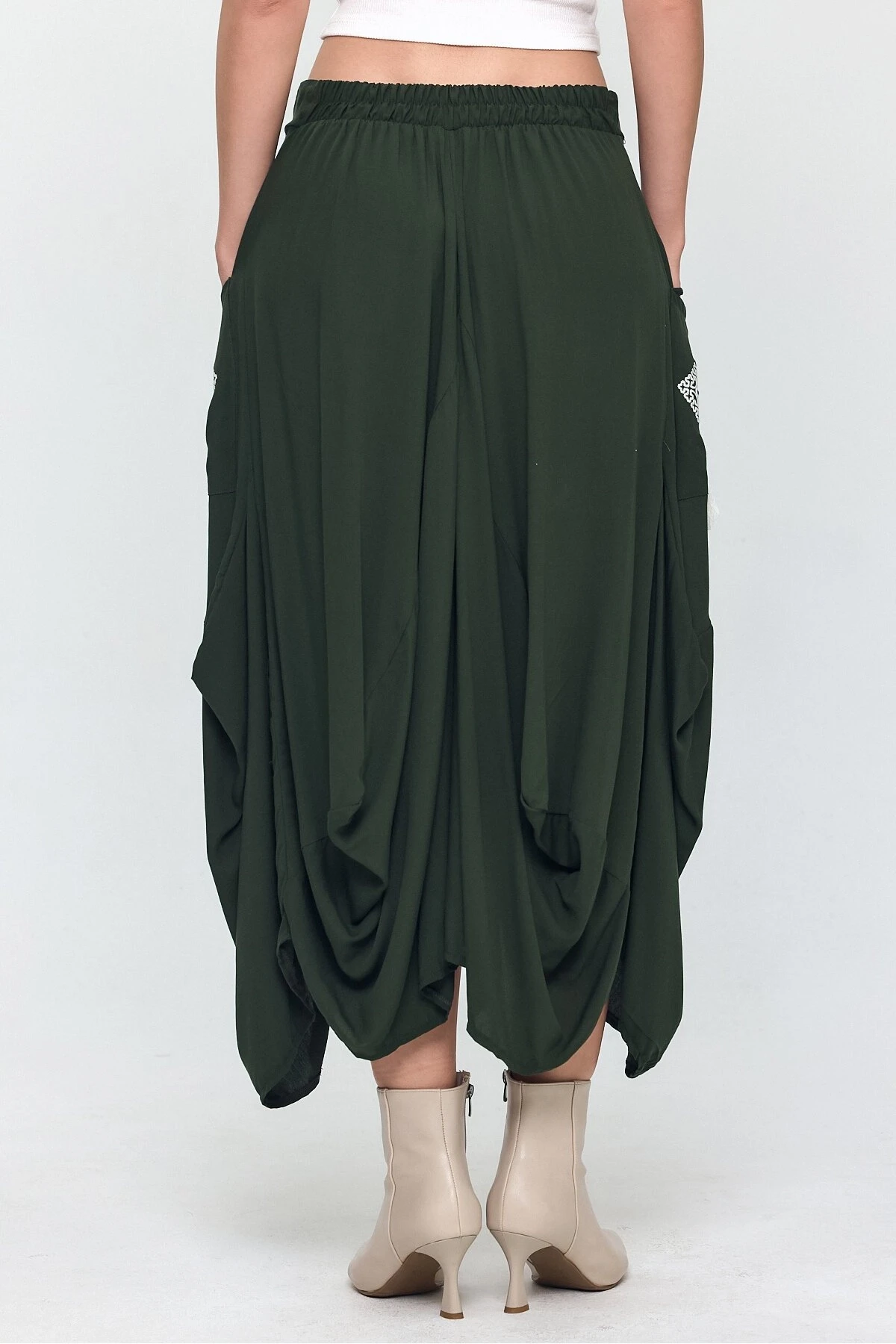 Kadın Haki Nakış Detaylı Bağcıklı Şalvar Etek HZL25S-VM19001