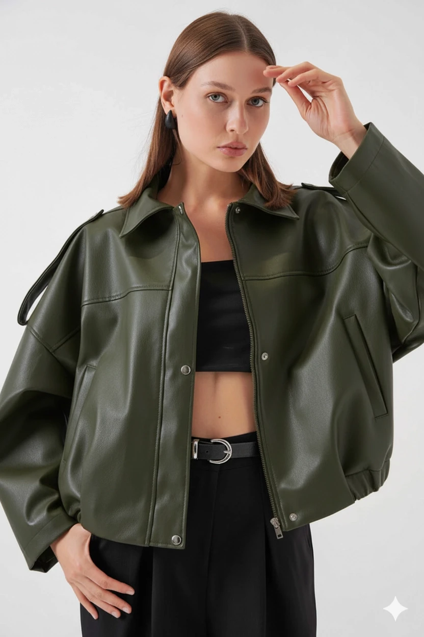 Kadın Haki Oversize Fermuarlı ve Düğmeli Yandan Cepli Suni Deri Ceket HZL25W-BD110551