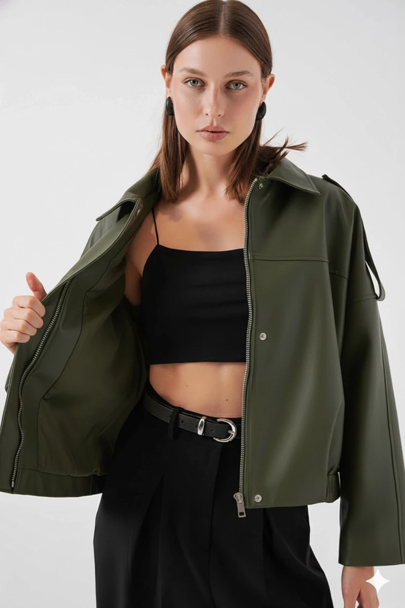 Kadın Haki Oversize Fermuarlı ve Düğmeli Yandan Cepli Suni Deri Ceket HZL25W-BD110551