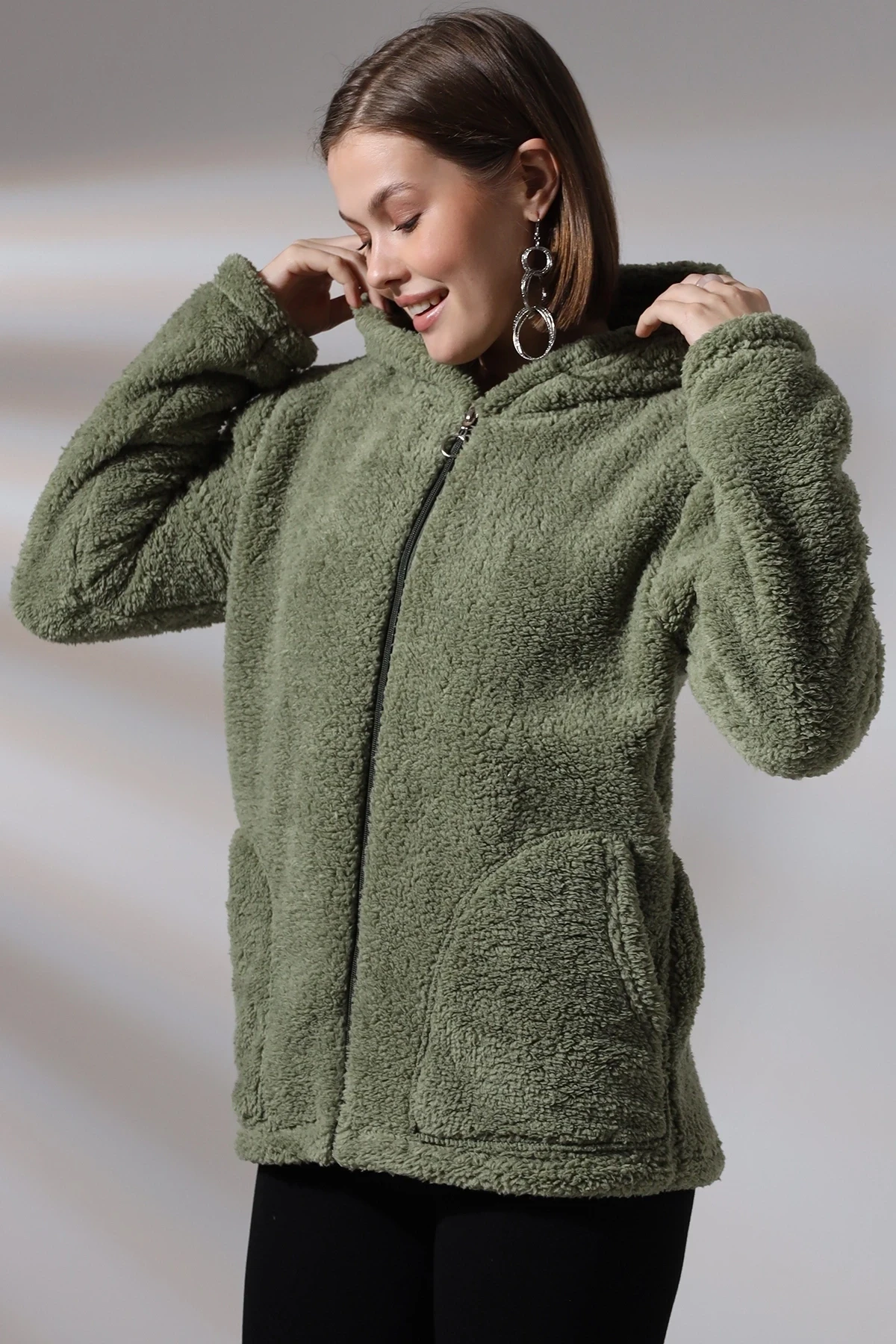 Kadın Haki Welsoft esnek kumaş Peluş Yumoş Önü Fermuarlı Kapüşonlu Ceket HZL23W-DSB110081