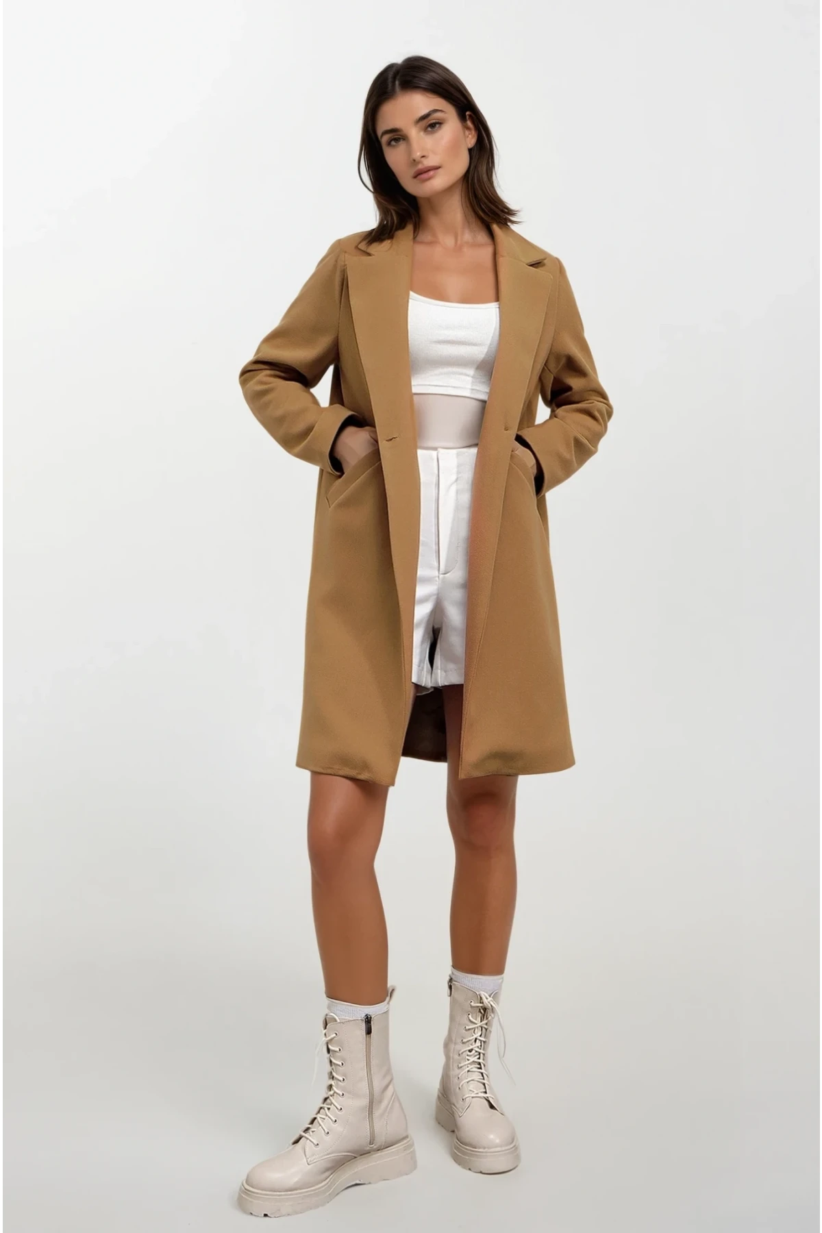 Kadın Hardal Tek Düğmeli Çift Cepli Astarlı Şık Kaşe Kaban HZL23W-BD190851