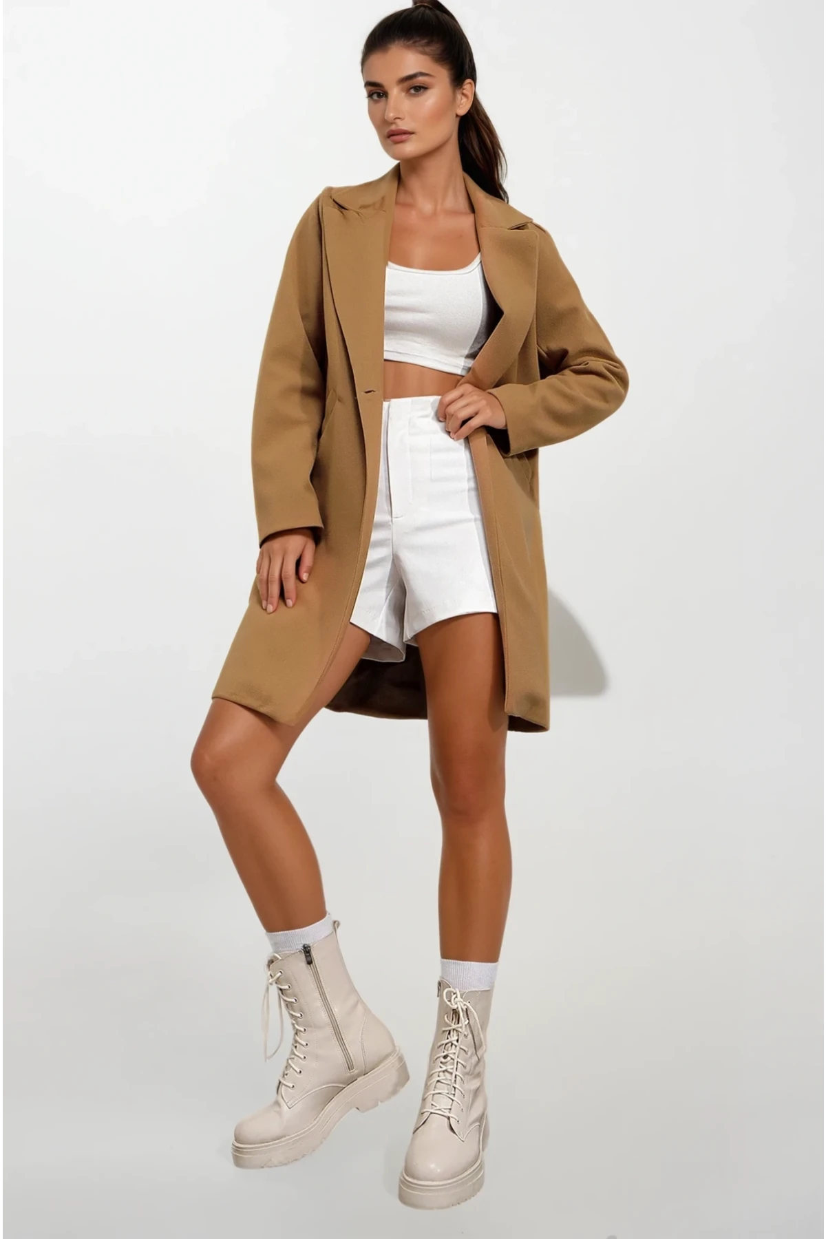 Kadın Hardal Tek Düğmeli Çift Cepli Astarlı Şık Kaşe Kaban HZL23W-BD190851