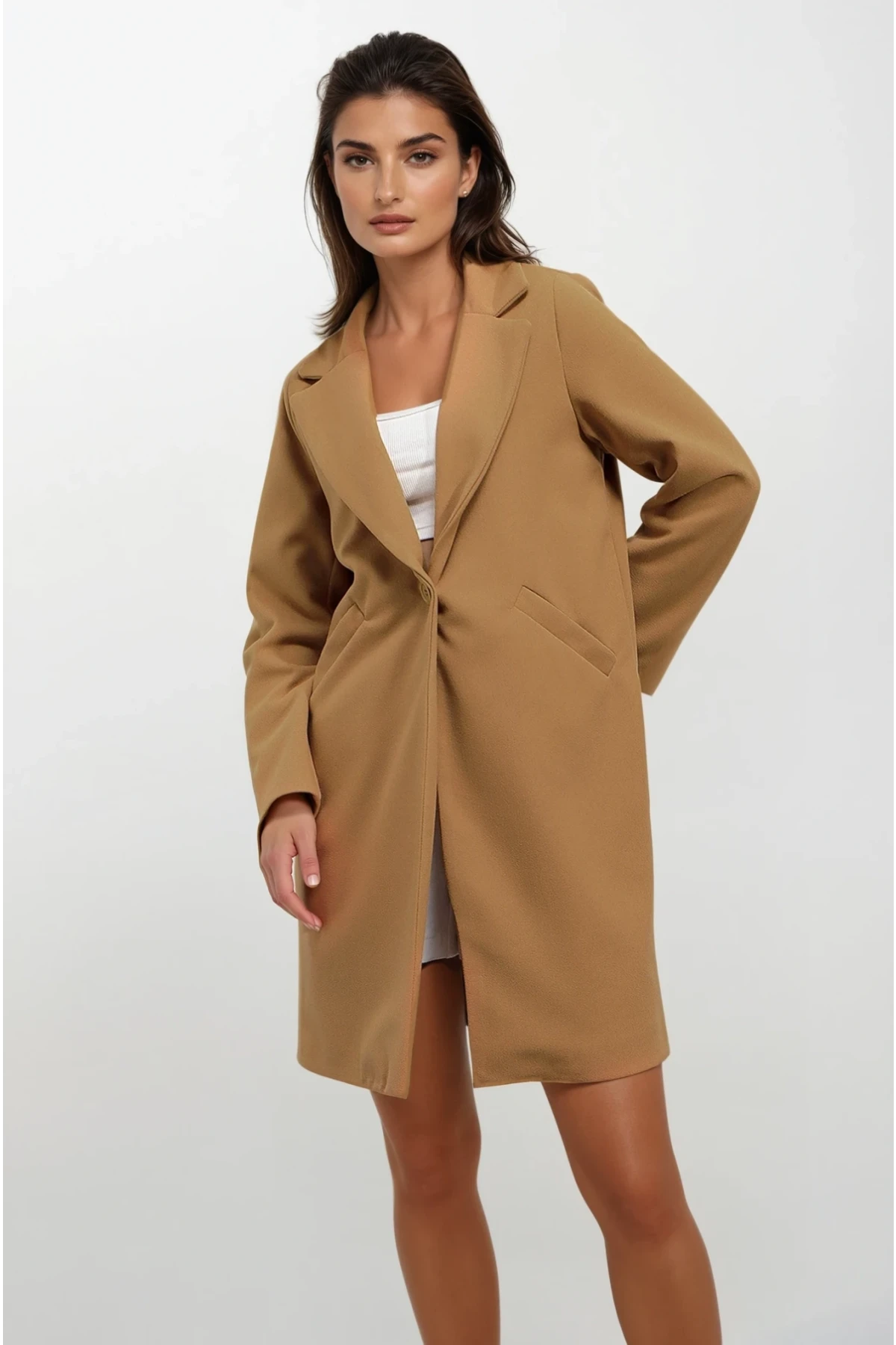 Kadın Hardal Tek Düğmeli Çift Cepli Astarlı Şık Kaşe Kaban HZL23W-BD190851