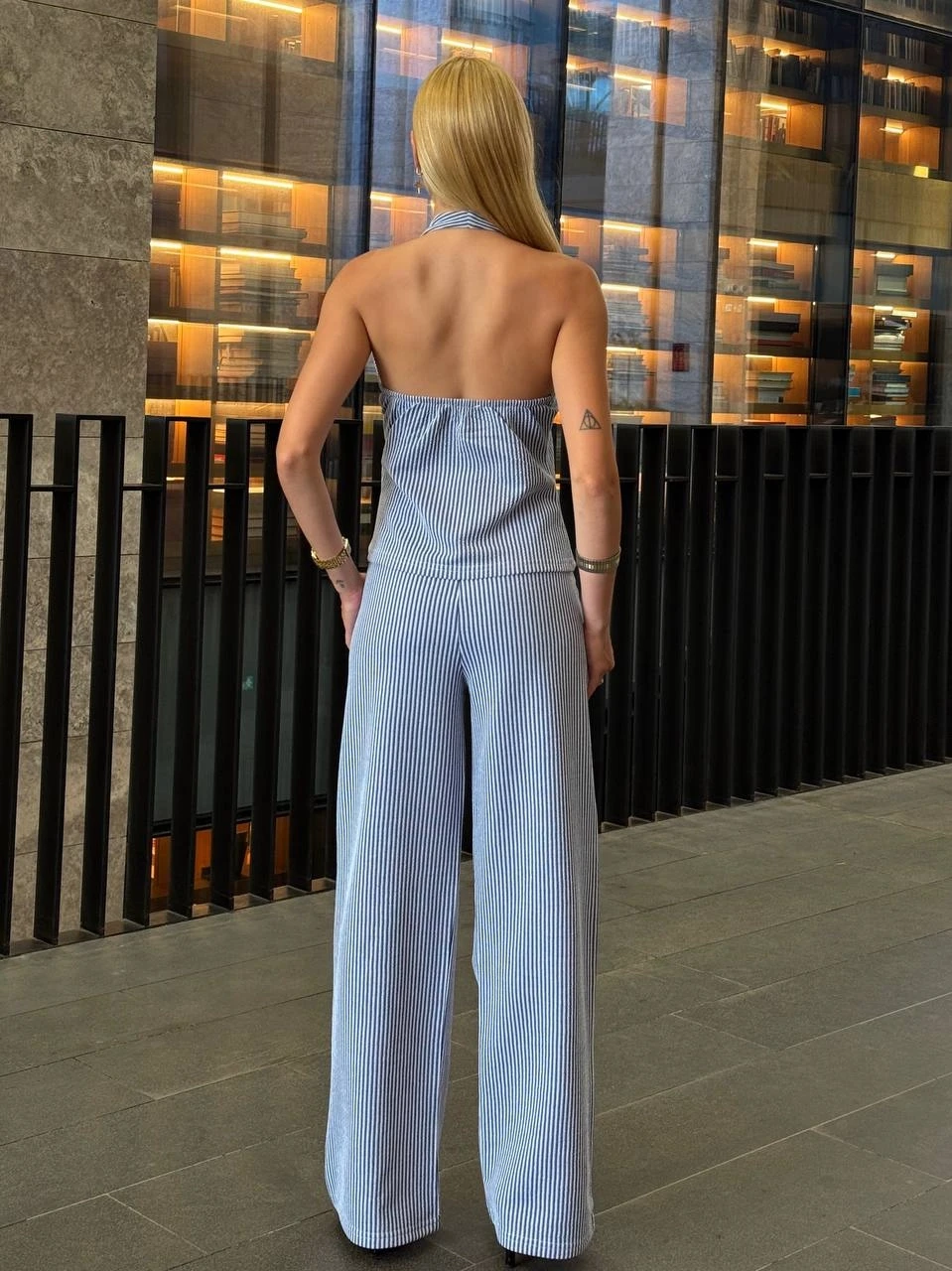 Kadın İndigo Çizgili Önü Fermuarlı Bluz Pantolon İkili Takım HZL25S-ZK13691