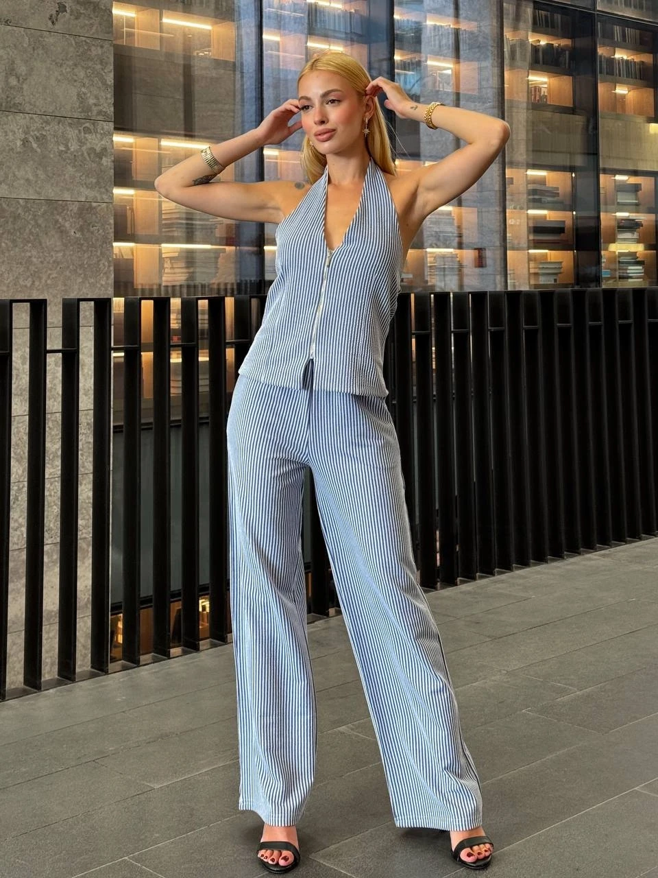 Kadın İndigo Çizgili Önü Fermuarlı Bluz Pantolon İkili Takım HZL25S-ZK13691