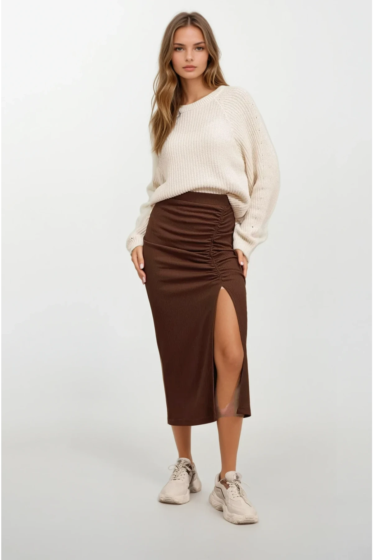 Kadın Kahverengi Beli Lastikli Yırtmaçlı Uzun Etek HZL22S-BD118801