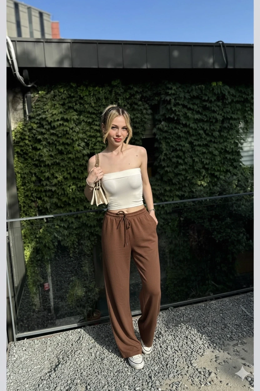 Kadın Kahverengi Cepli Beli Lastikli Bol Paça Keten Pantolon HZL24S-ZK11051