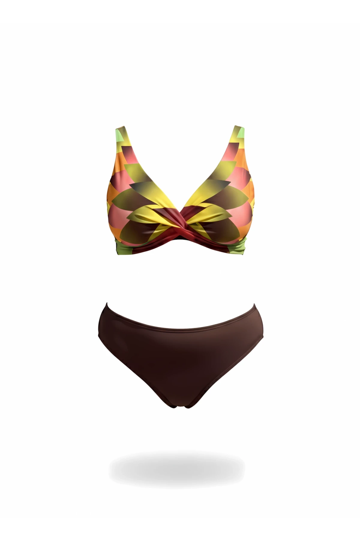 Kadın Kahverengi Çok Renkli Yüksel Bel Astarlı Büyük Beden Bikini Takımı HZL25S-LC22315