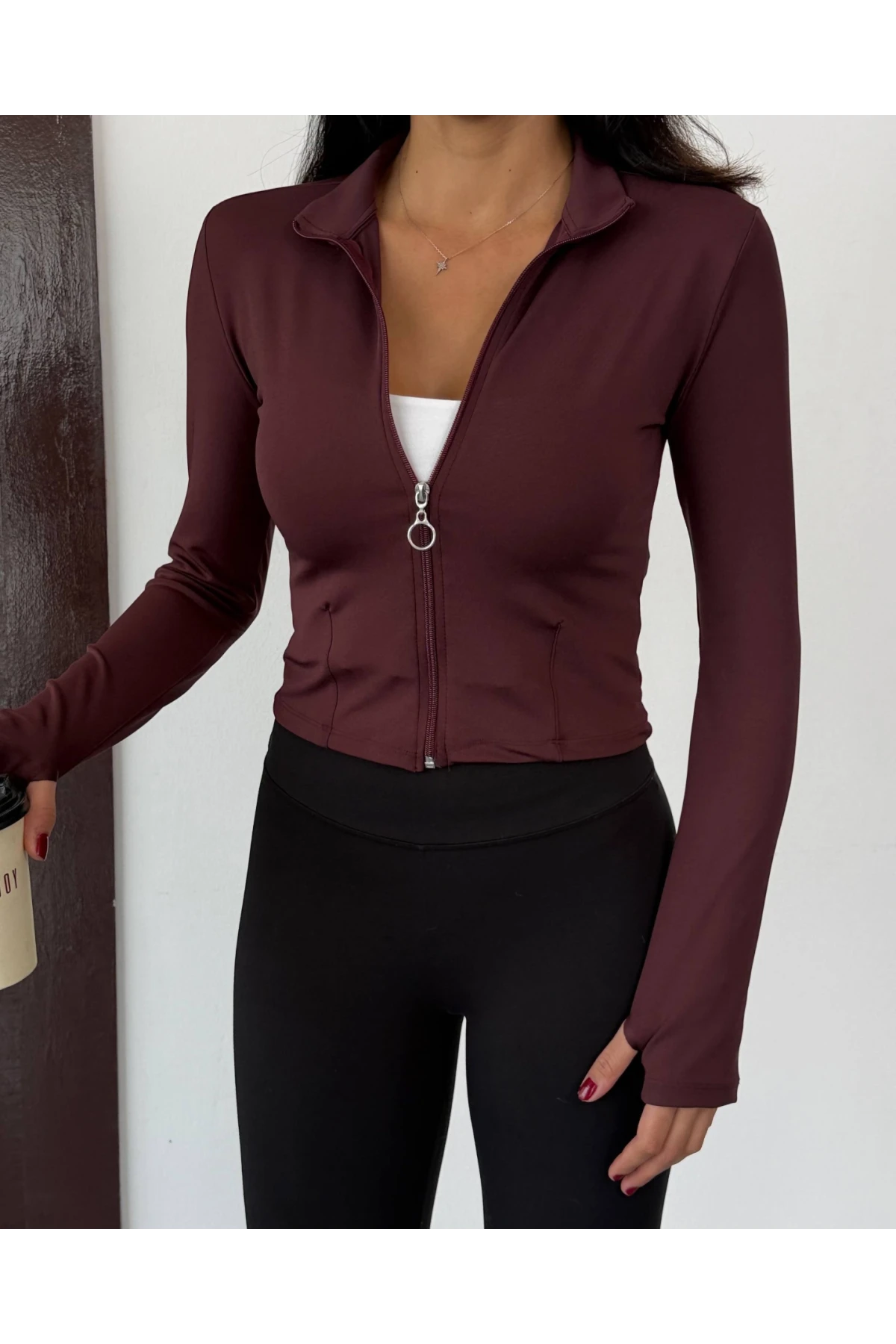 Kadın Kahverengi Dalgıç Kumaş Fermuar Kapamalı Parmak Geçirmeli Sweatshirt HZL25W-FRY123441