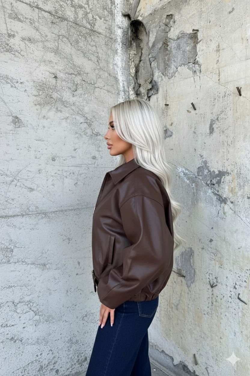 Kadın Kahverengi Fermuar Kapamalı Oversize Suni Deri Ceket HZL25W-BD110561