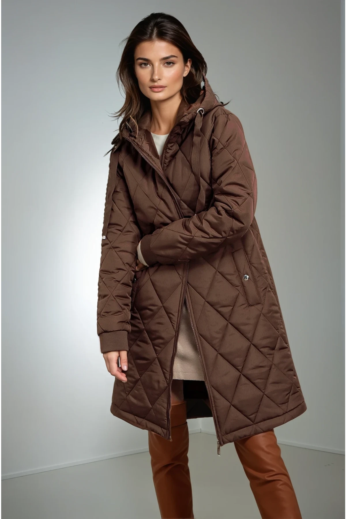 Kadın Kahverengi Kapitone Uzun Şişme Mont HZL22W-BD151381