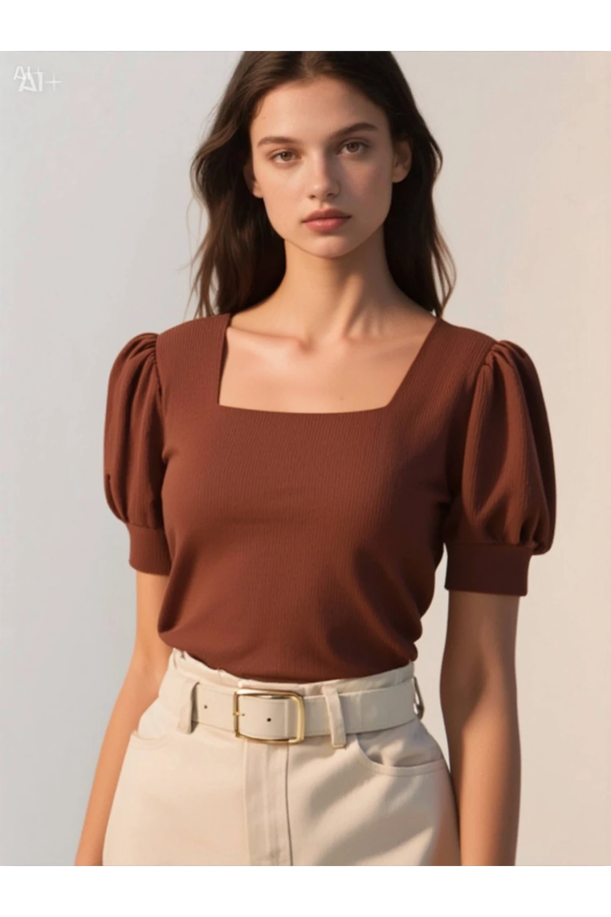 Kadın Kahverengi Kare Yaka Örme Bluz HZL22W-BD104091