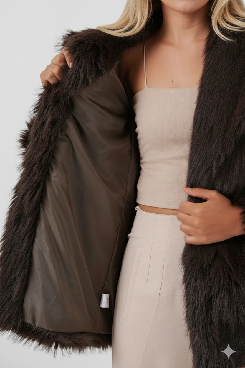 Kadın Kahverengi Kemer Detaylı Astarlı Peluş Kürk Mont HZL25W-BD191561