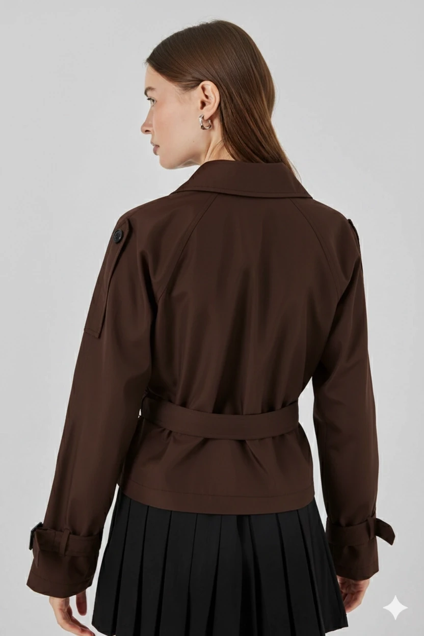 Kadın Kahverengi Kruvaze Yaka Kuşaklı Astarlı Kısa Trençkot HZL25W-BD159701