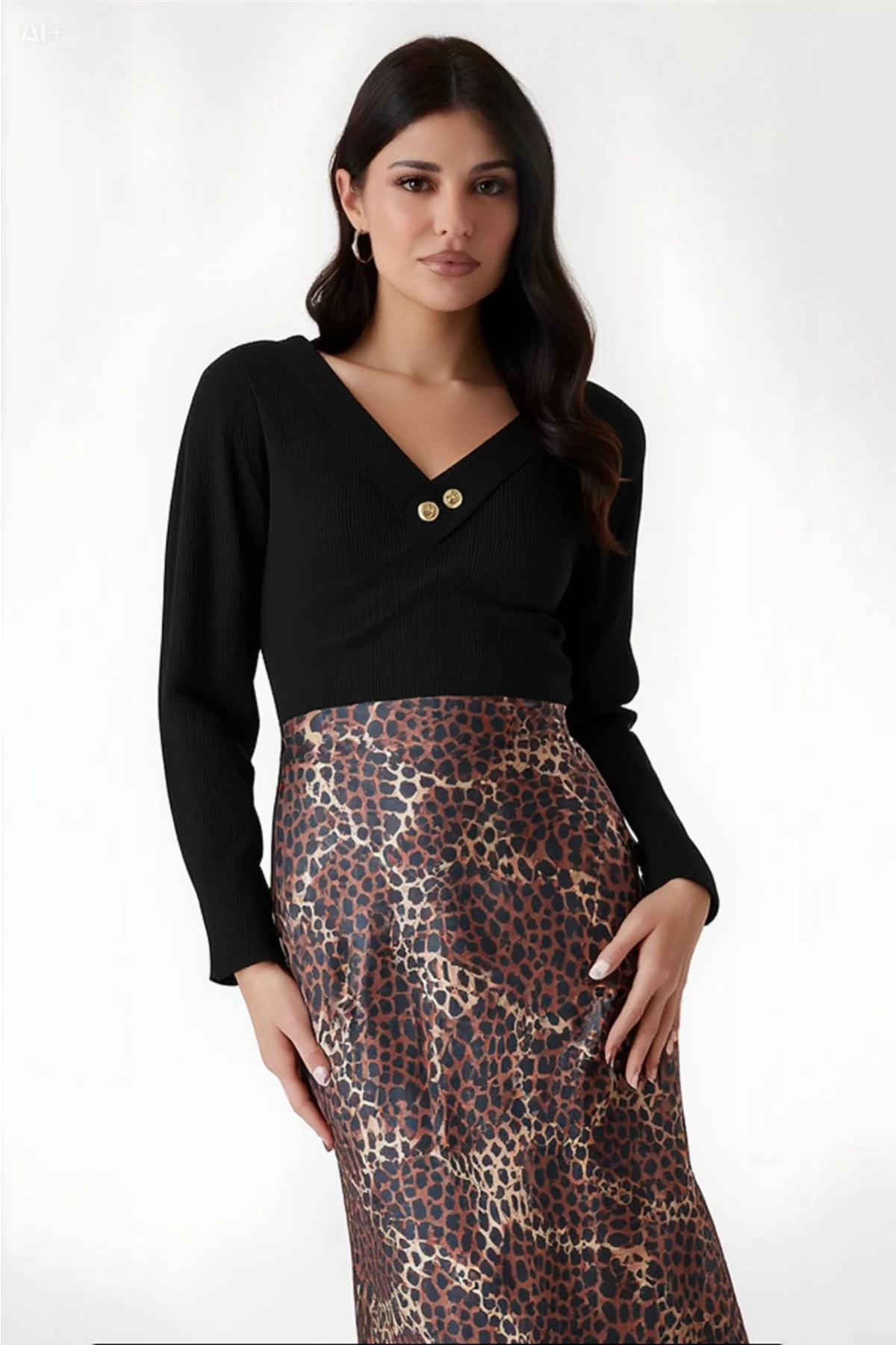 Kadın Kahverengi Leopar Desenli Saten Yüzeyli Beli Lastikli Midi Boy Etek Hzl23s-bd1101471