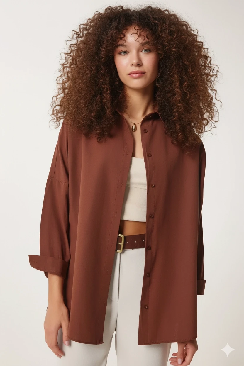 Kadın Kahverengi Oversize Uzun Basic Gömlek Hzl22w-bd139001