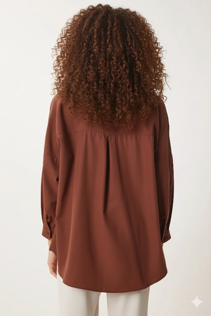 Kadın Kahverengi Oversize Uzun Basic Gömlek Hzl22w-bd139001