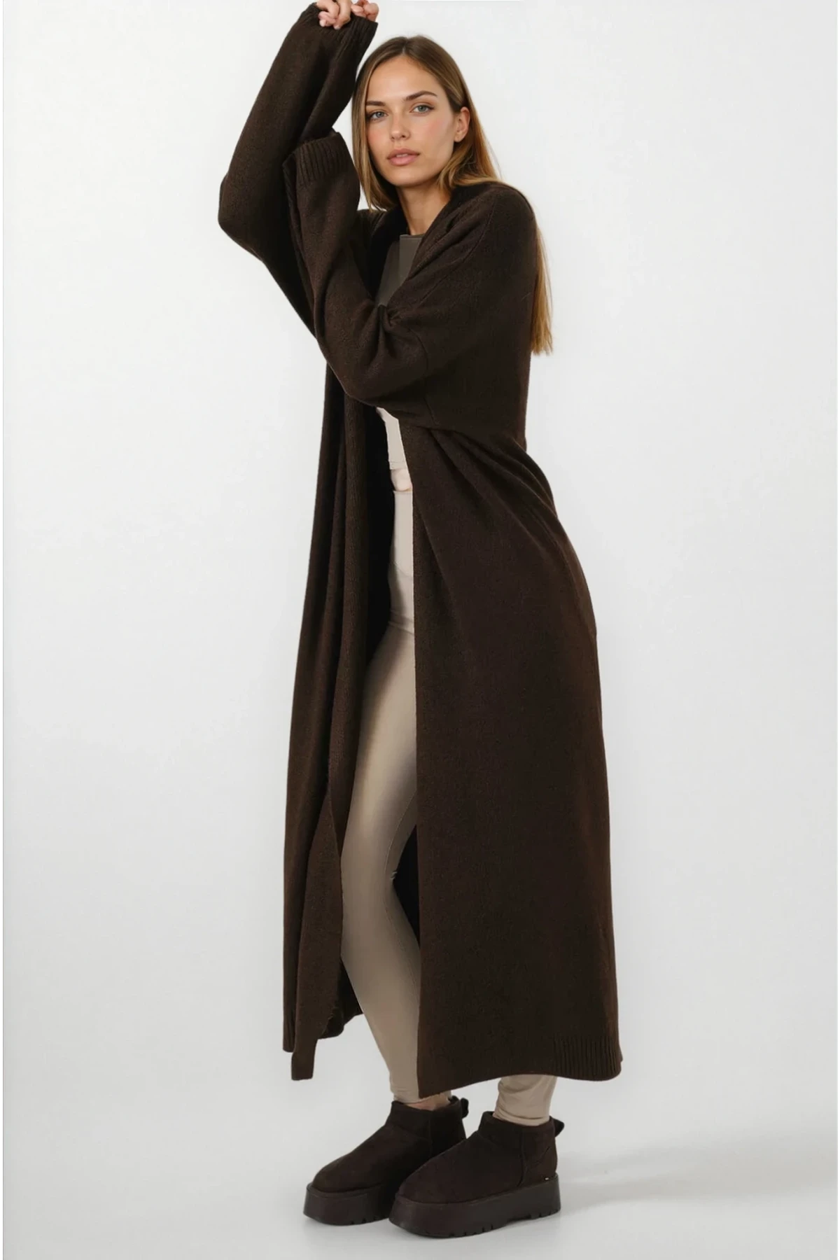 Kadın Kahverengi Oversize Uzun Triko Hırka HZL25W-BD1103041