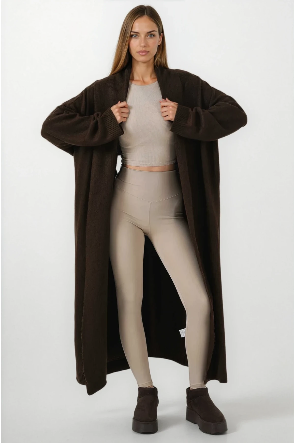 Kadın Kahverengi Oversize Uzun Triko Hırka HZL25W-BD1103041