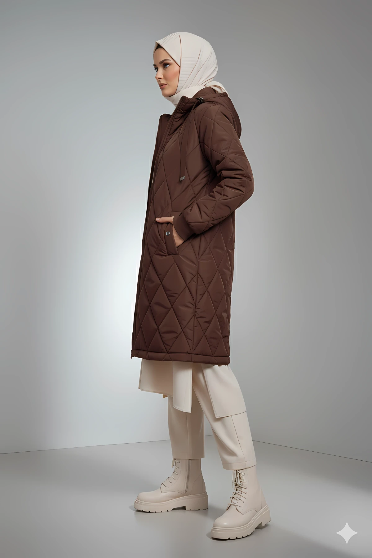 Kadın Kahverengi Uzun Kapitone Astarlı Şişme Tesettür Mont HZL25W-BD151381