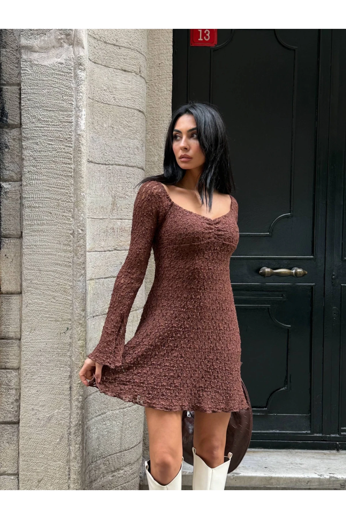 Kadın Kahverengi Uzun Kollu Dantel Detay Astarlı Kloş Elbise HZL25W-FRY123531