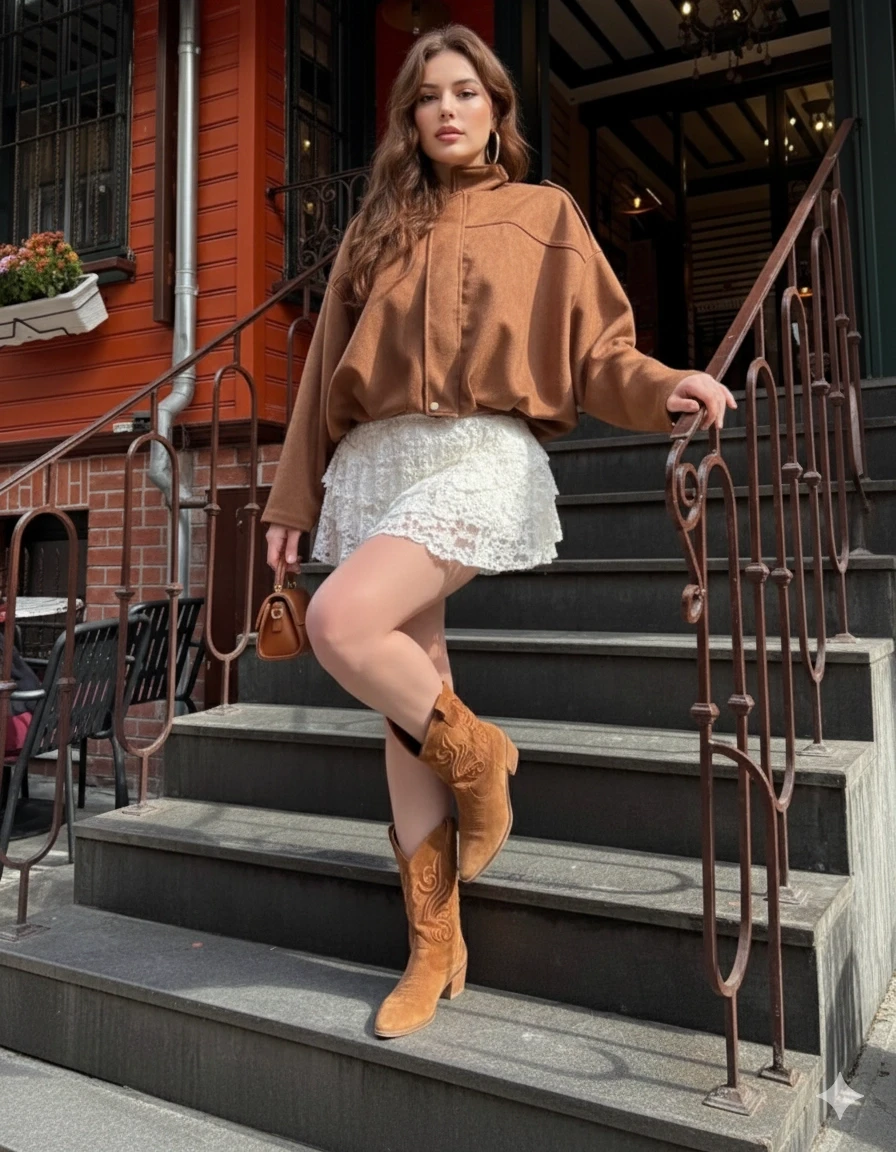 Kadın Kiremit Oversize Fermuar ve Çıt Çıt Kapamalı Cepsiz Süet Deri Ceket HZL25W-BD107301