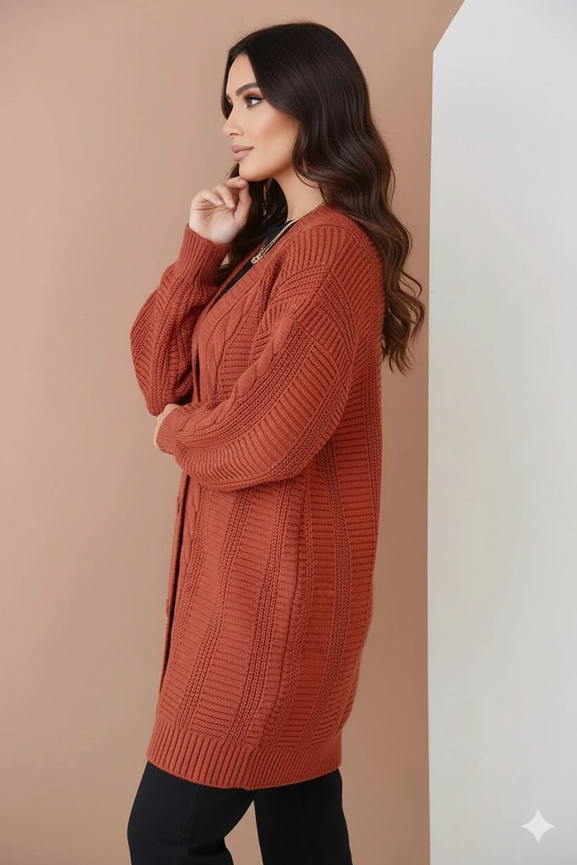 Kadın Kiremit Saç Örgü Desen Uzun Düğmeli Rahat Kesim Triko Hırka HZL23W-BD1100691