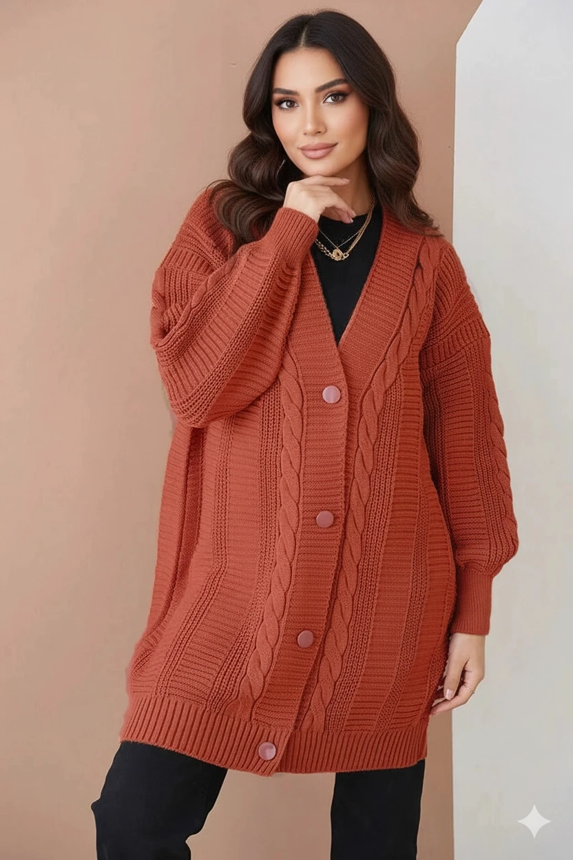 Kadın Kiremit Saç Örgü Desen Uzun Düğmeli Rahat Kesim Triko Hırka HZL23W-BD1100691