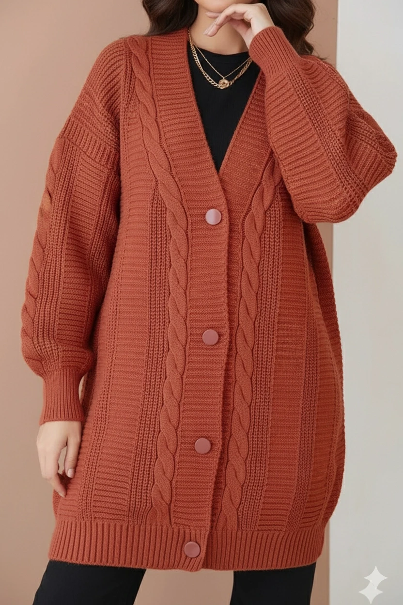 Kadın Kiremit Saç Örgü Desen Uzun Düğmeli Rahat Kesim Triko Hırka HZL23W-BD1100691