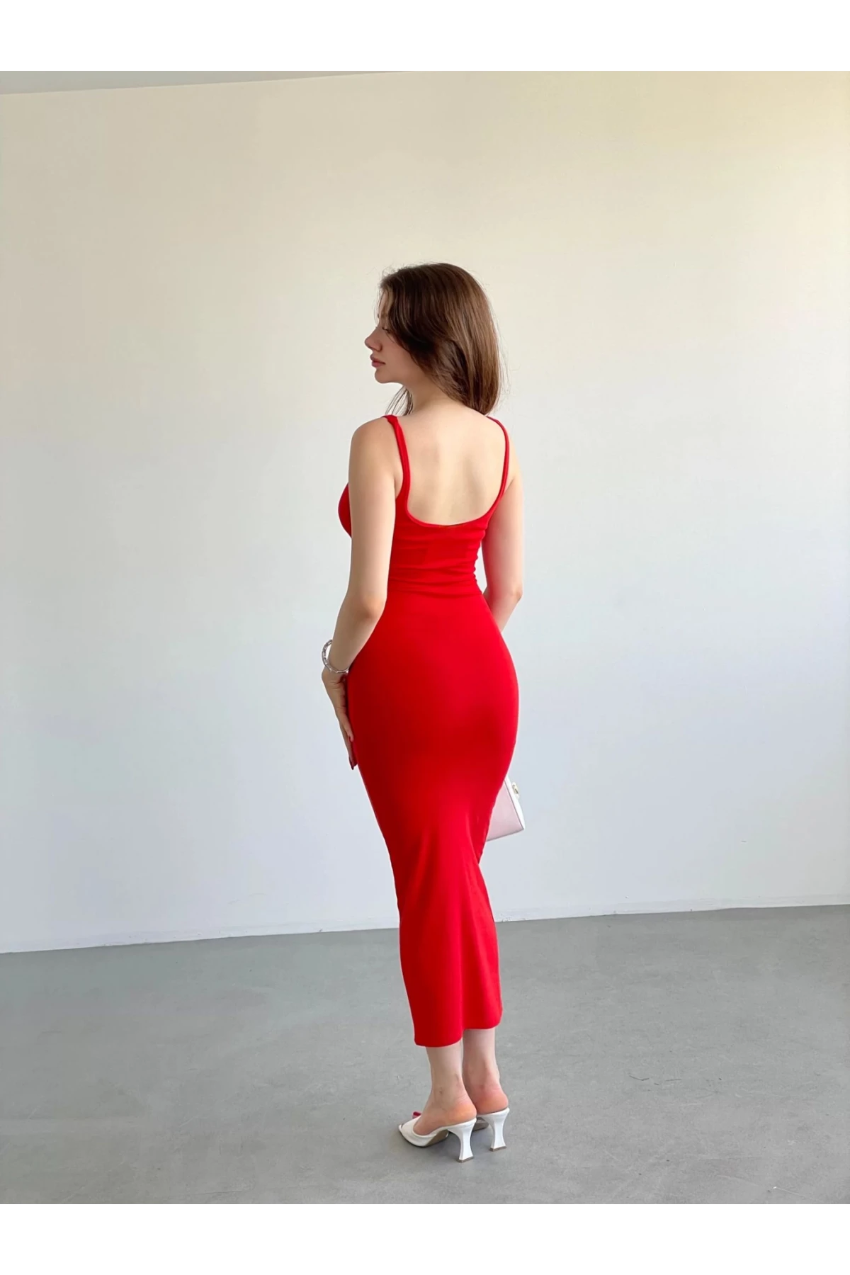 Kadın Kırmızı Askılı Kare Yaka Midi Elbise HZL25S-ZK11621