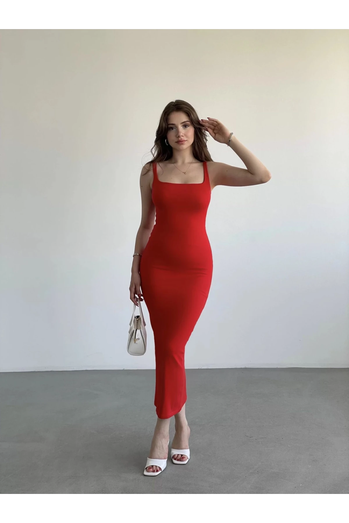 Kadın Kırmızı Askılı Kare Yaka Midi Elbise HZL25S-ZK11621