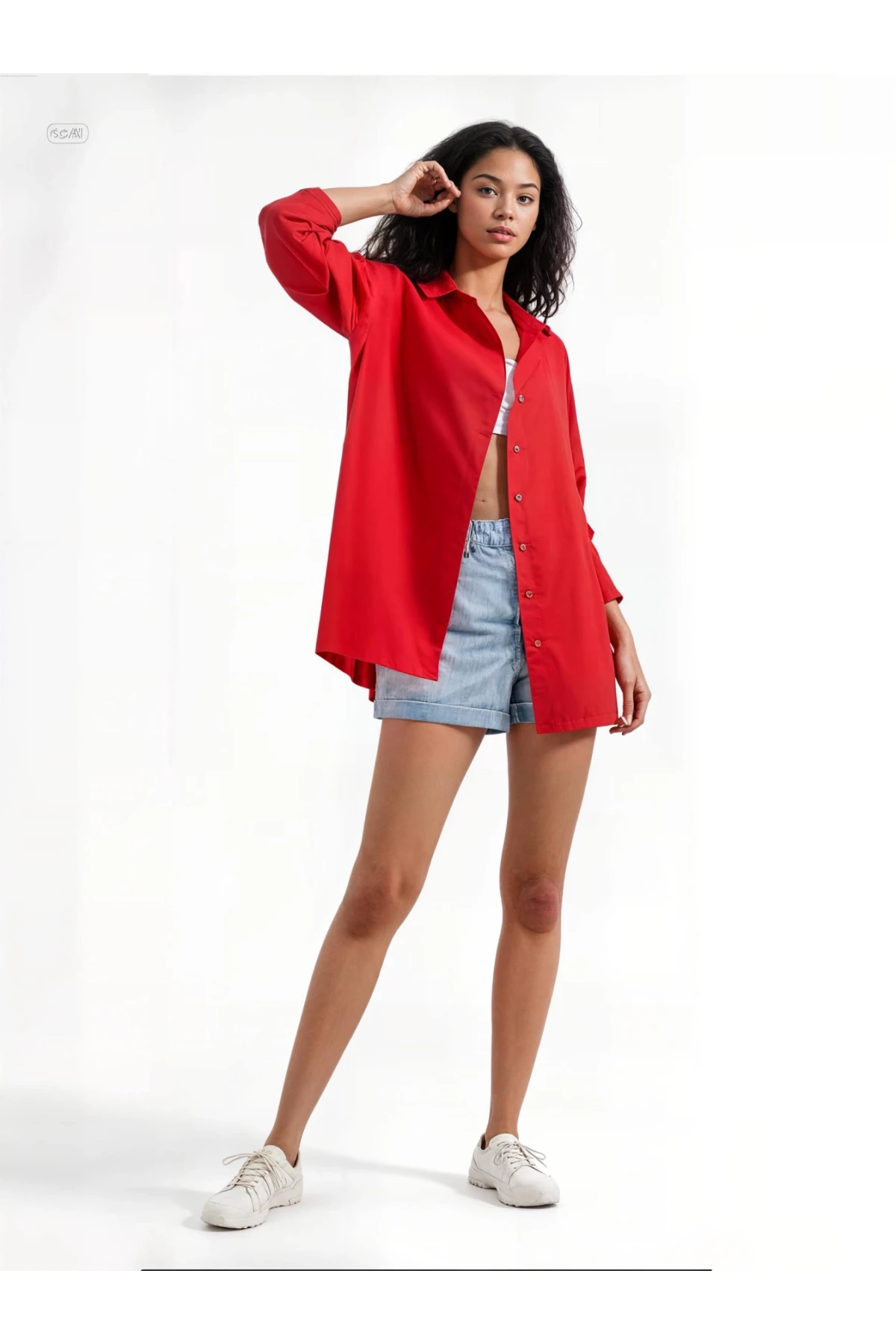 Kadın Kırmızı Oversize Uzun Basic Gömlek  HZL22W-BD139001