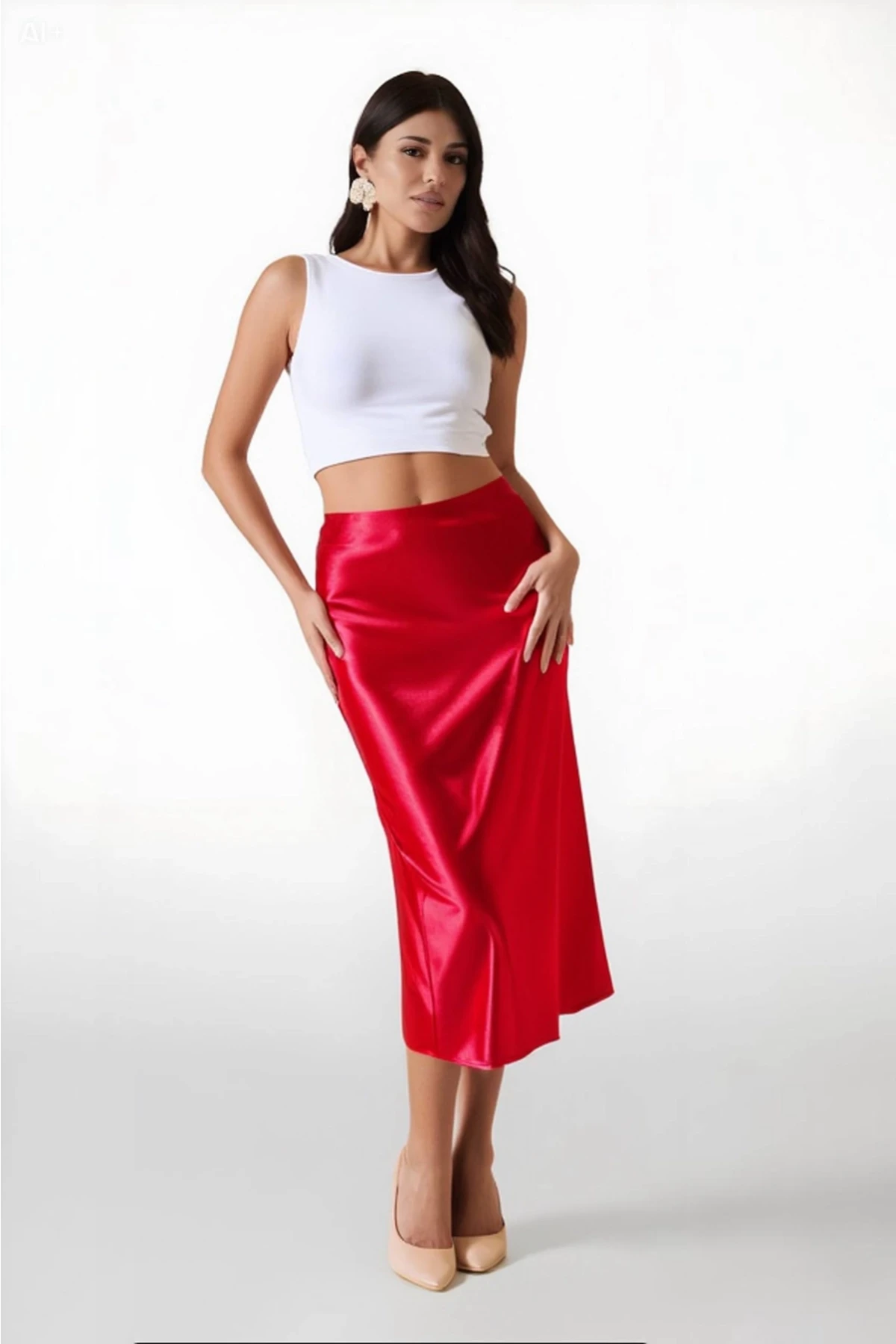 Kadın Kırmızı Saten Yüzeyli Beli Lastikli Midi Boy Etek Hzl23S-BD1101471