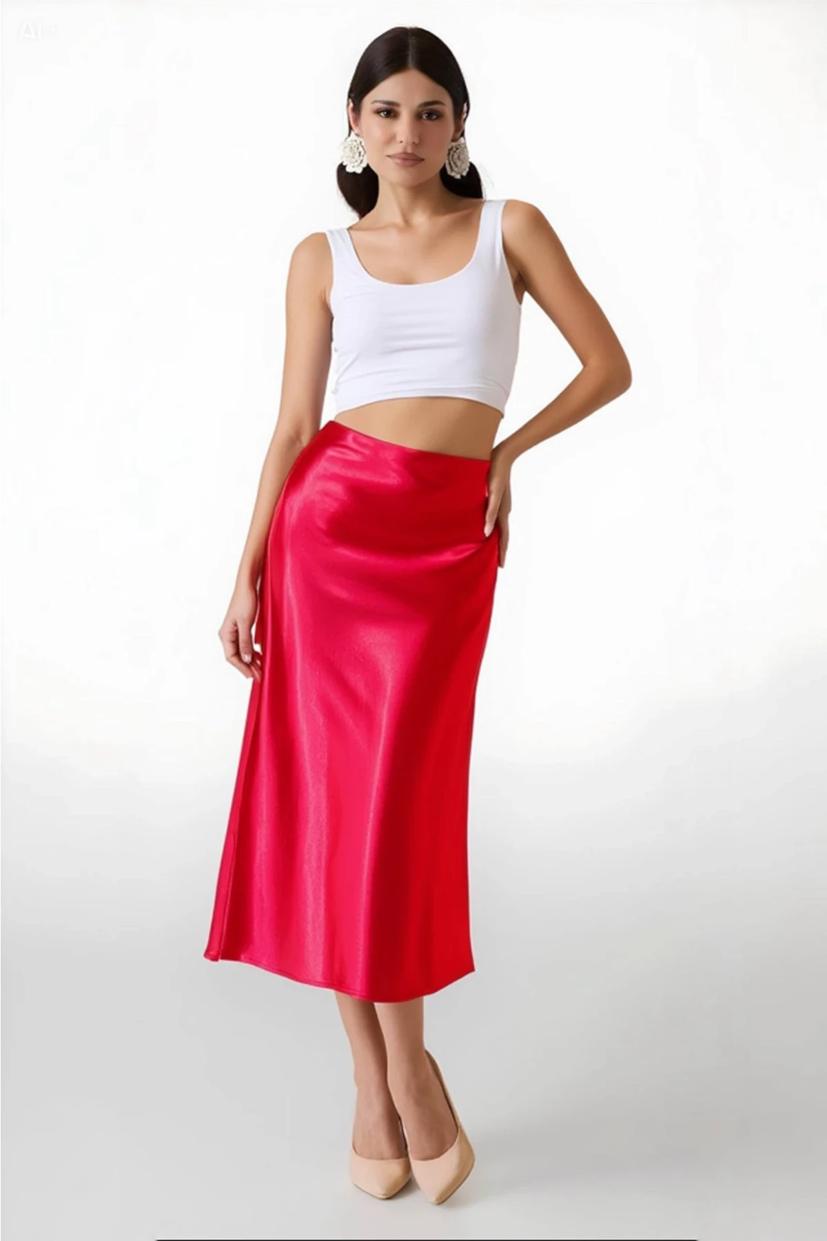 Kadın Kırmızı Saten Yüzeyli Beli Lastikli Midi Boy Etek Hzl23S-BD1101471