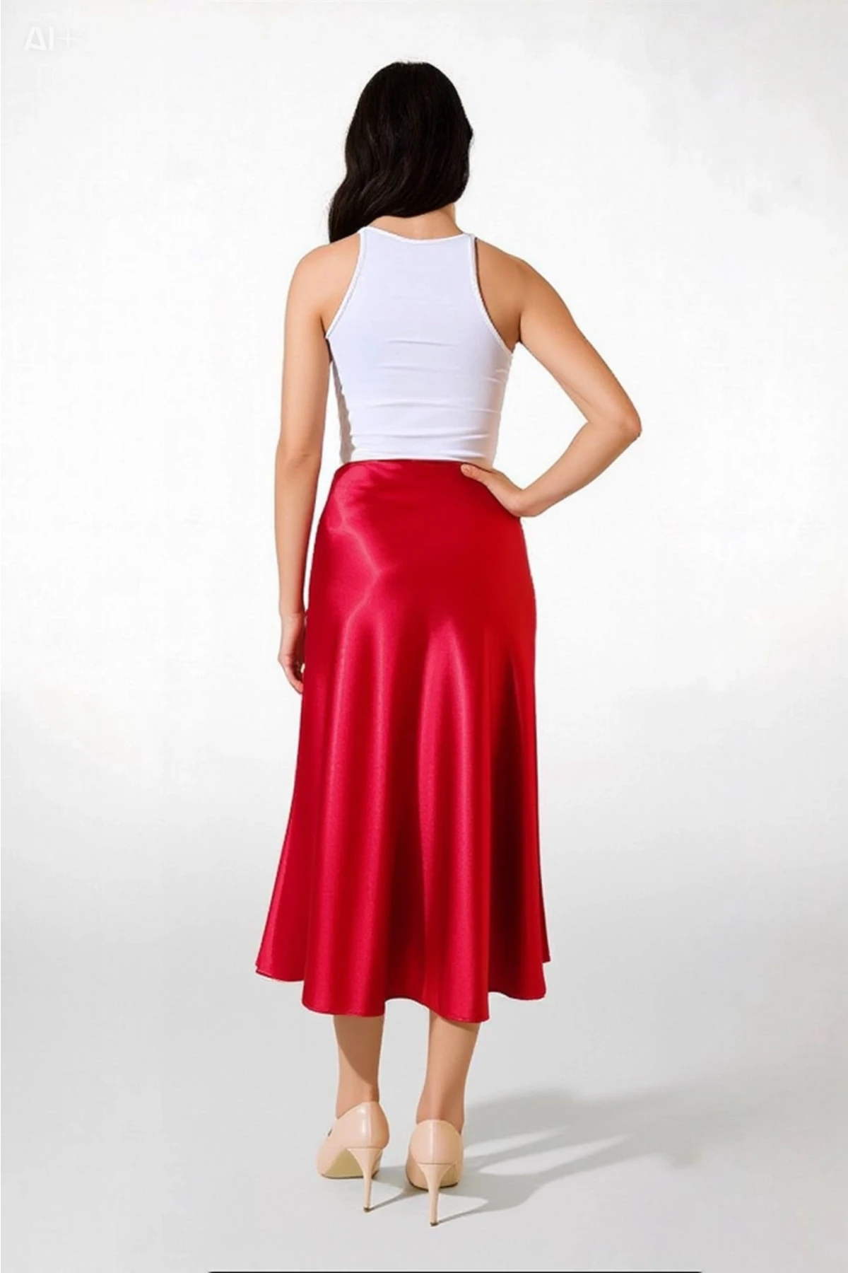 Kadın Kırmızı Saten Yüzeyli Beli Lastikli Midi Boy Etek Hzl23S-BD1101471