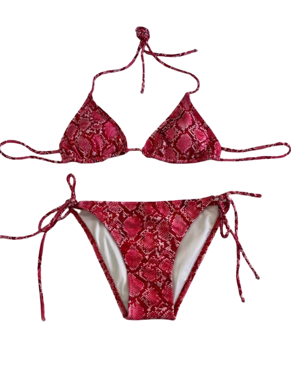 Kadın Kırmızı Yılan Derisi Desen Boyundan İp Bağlamalı Üçgen Bikini Takımı HZL25S-LC5005