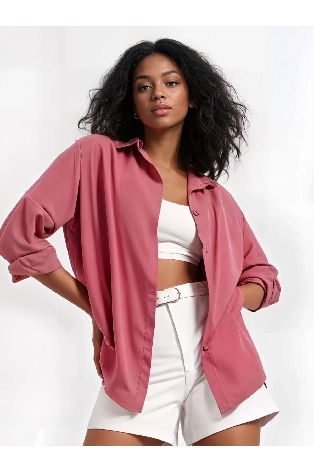 Kadın Koyu Gül Kurusu Oversize Uzun Basic Gömlek HZL22W-BD139001