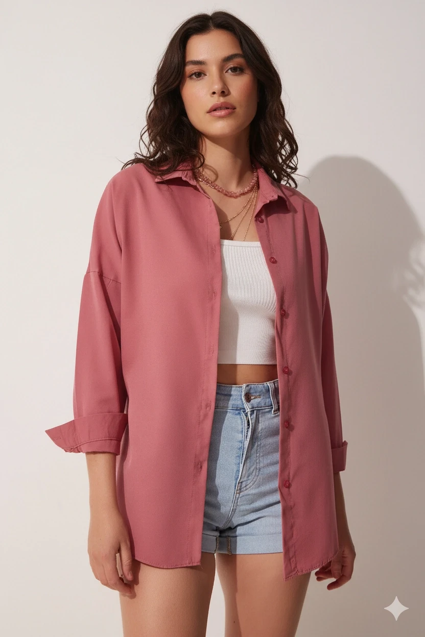 Kadın Koyu Gül Kurusu Oversize Uzun Basic Gömlek HZL22W-BD139001