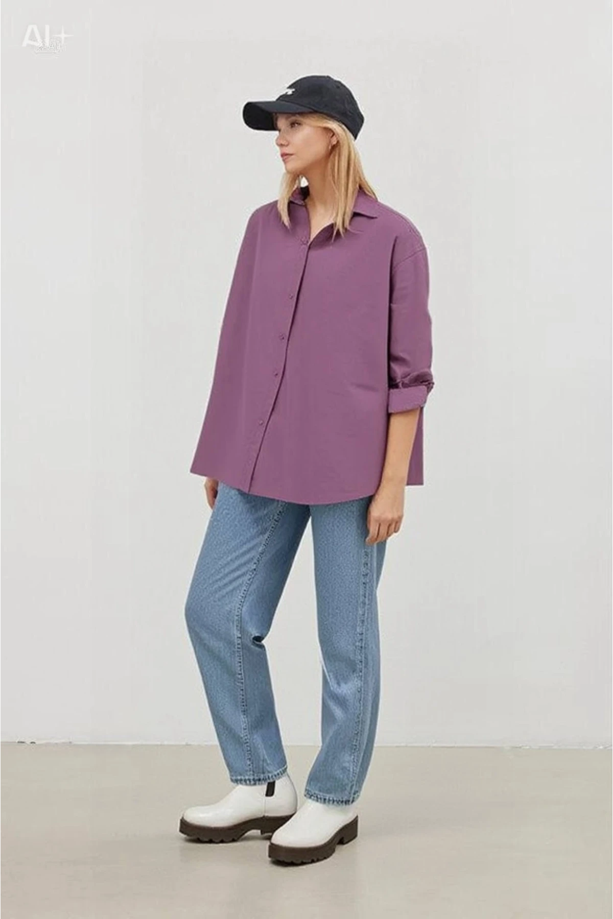 Kadın Koyu Lila Oversize Uzun Basic Gömlek HZL22W-BD139001