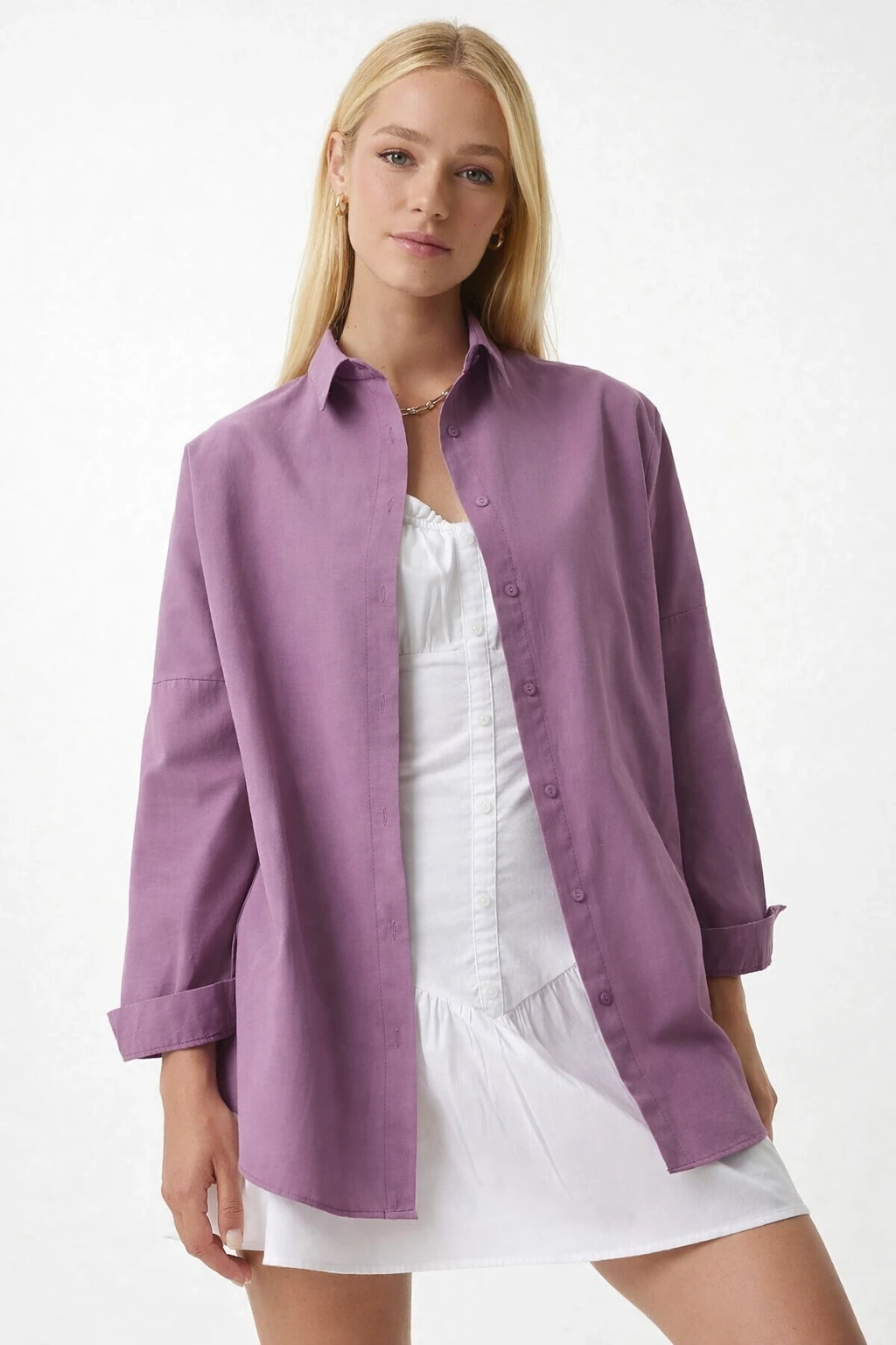 Kadın Koyu Lila Oversize Uzun Basic Gömlek HZL22W-BD139001