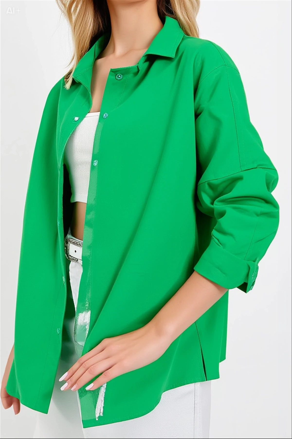 Kadın Koyu Yeşil Oversize Uzun Basic Gömlek  HZL22W-BD139001